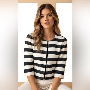 Ann Taylor Loft jacket women’s Sz 8 Black‎ white striped lined cotton spandex